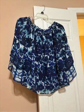 INC International Concepts Navy and Light Blue Floral Off-Shoulder Tunic